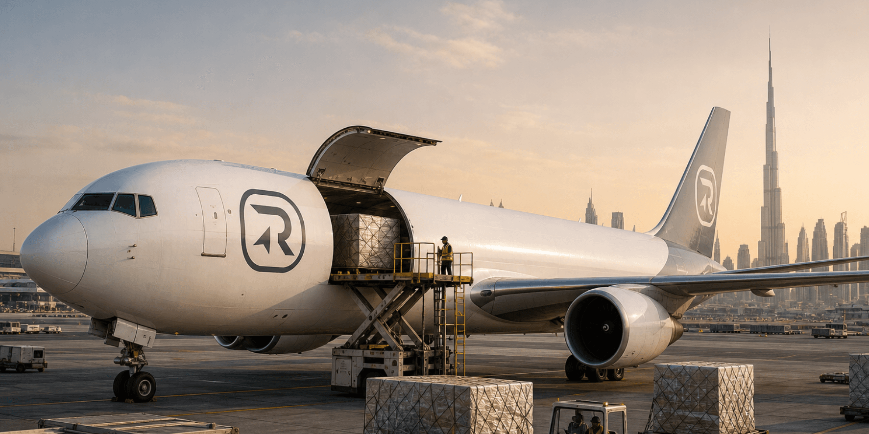 Air cargo pallets being loaded into a wide-body freight aircraft on an airport apron.